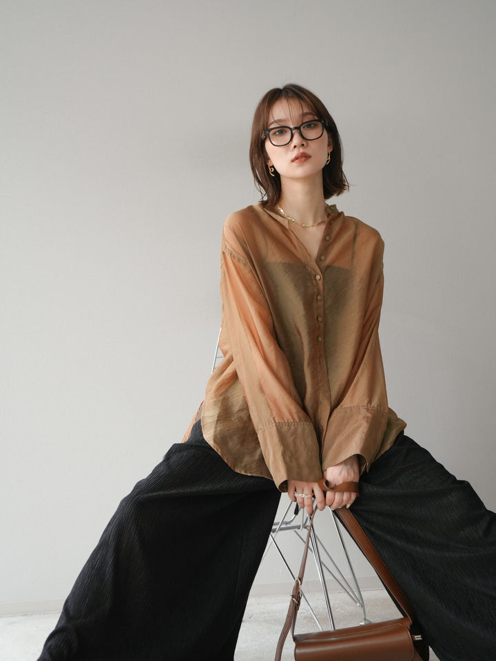 [予約]シャイニーシアーバンドカラーシャツ/カーキブラウン