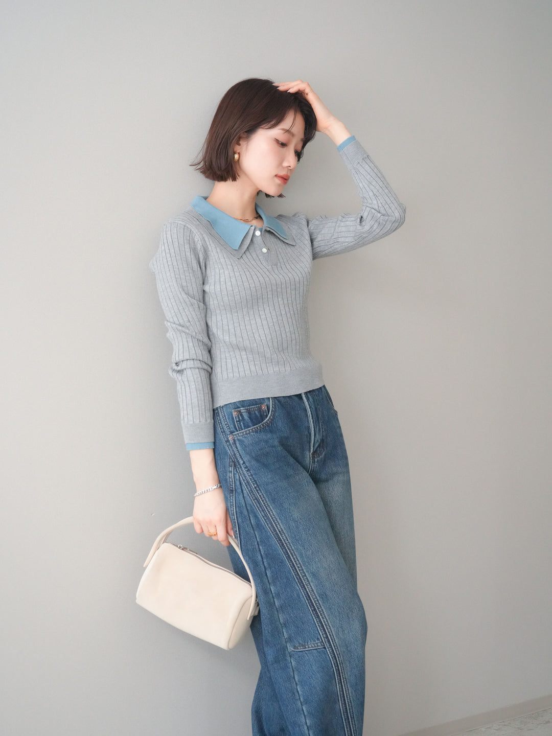 [SET]ダブル襟ポロリブニットトップス+ダブル襟ポロリブニットトップス(2set)