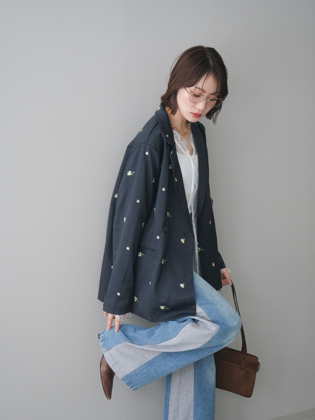 【預購】花卉刺繡修身夾克/海軍藍