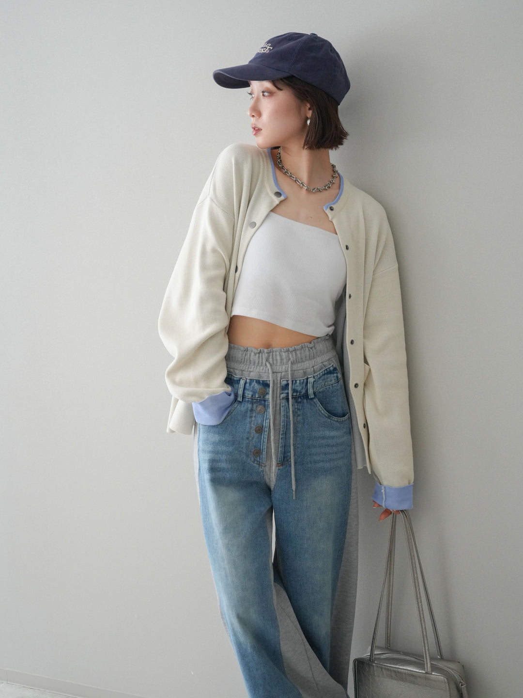 [SET]バイカラーオーバーニットカーディガン+デニム切替スウェットパンツ(2set)