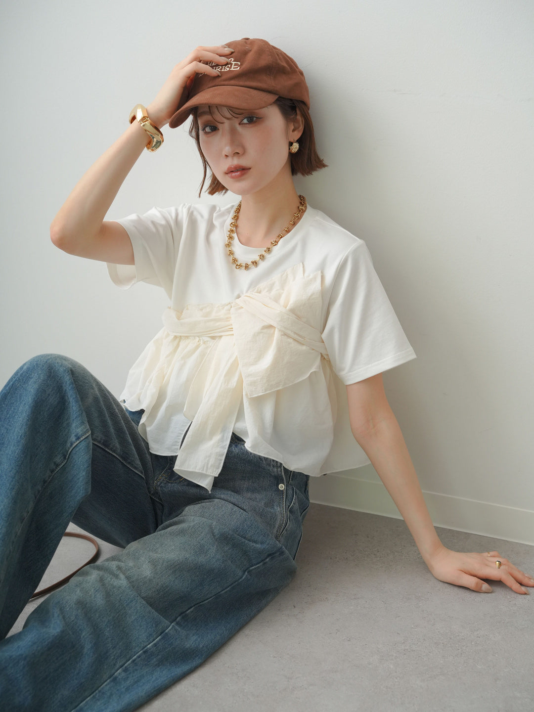 【着回しセット】[SET]ナイロンドッキングツイストTEE +ナイロンドッキングツイストTEE +ストーンウォッシュルーズフィットデニム(3set)