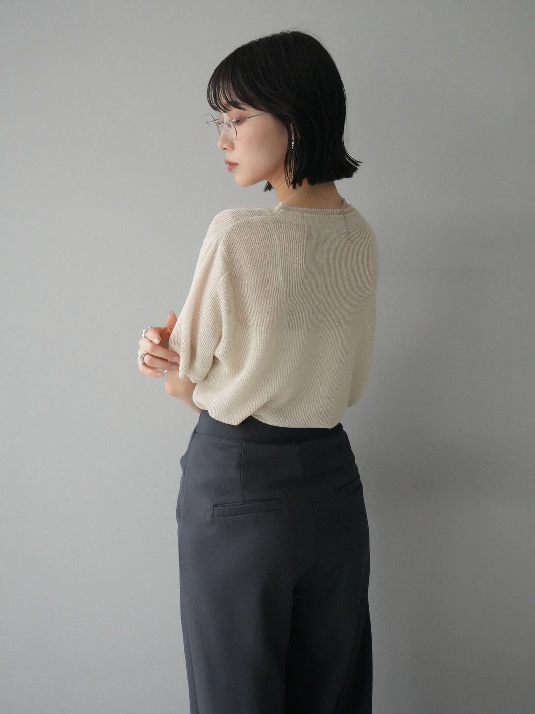 [SET]リネンタッチ配色二重臼ハーフニットトップス+ウエスト巻きデザインワイドパンツ(2set)