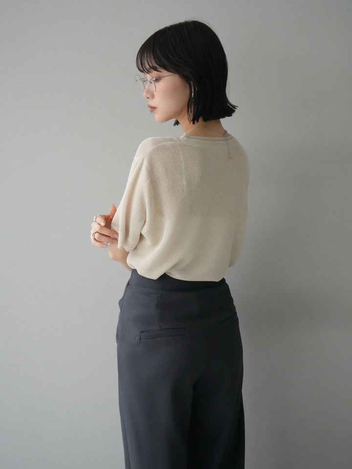 [SET]リネンタッチ配色二重臼ハーフニットトップス+ウエスト巻きデザインワイドパンツ(2set)