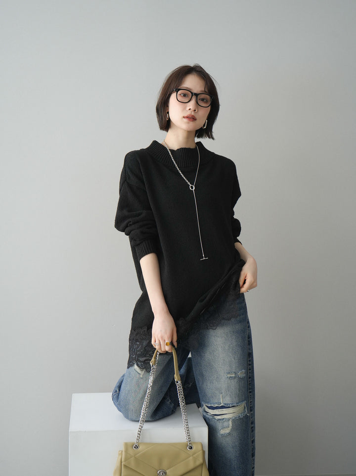 [SET]アシンメトリーレースヘムニットプルオーバー+アシンメトリーレースヘムニットプルオーバー(2set)