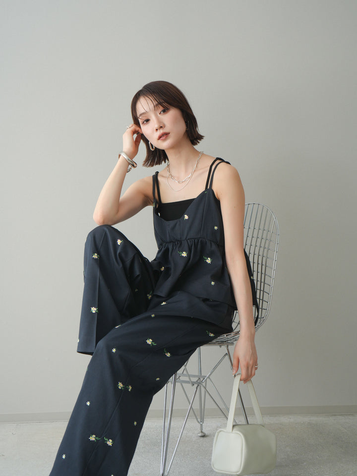 [SET]フラワー刺繍ビスチェ+フラワー刺繍タックパンツ(2set)