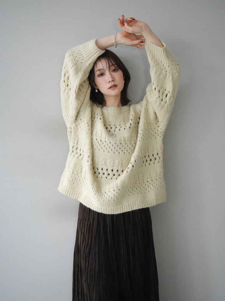 [予約]透かし編みクルーネックニットプルオーバー/green