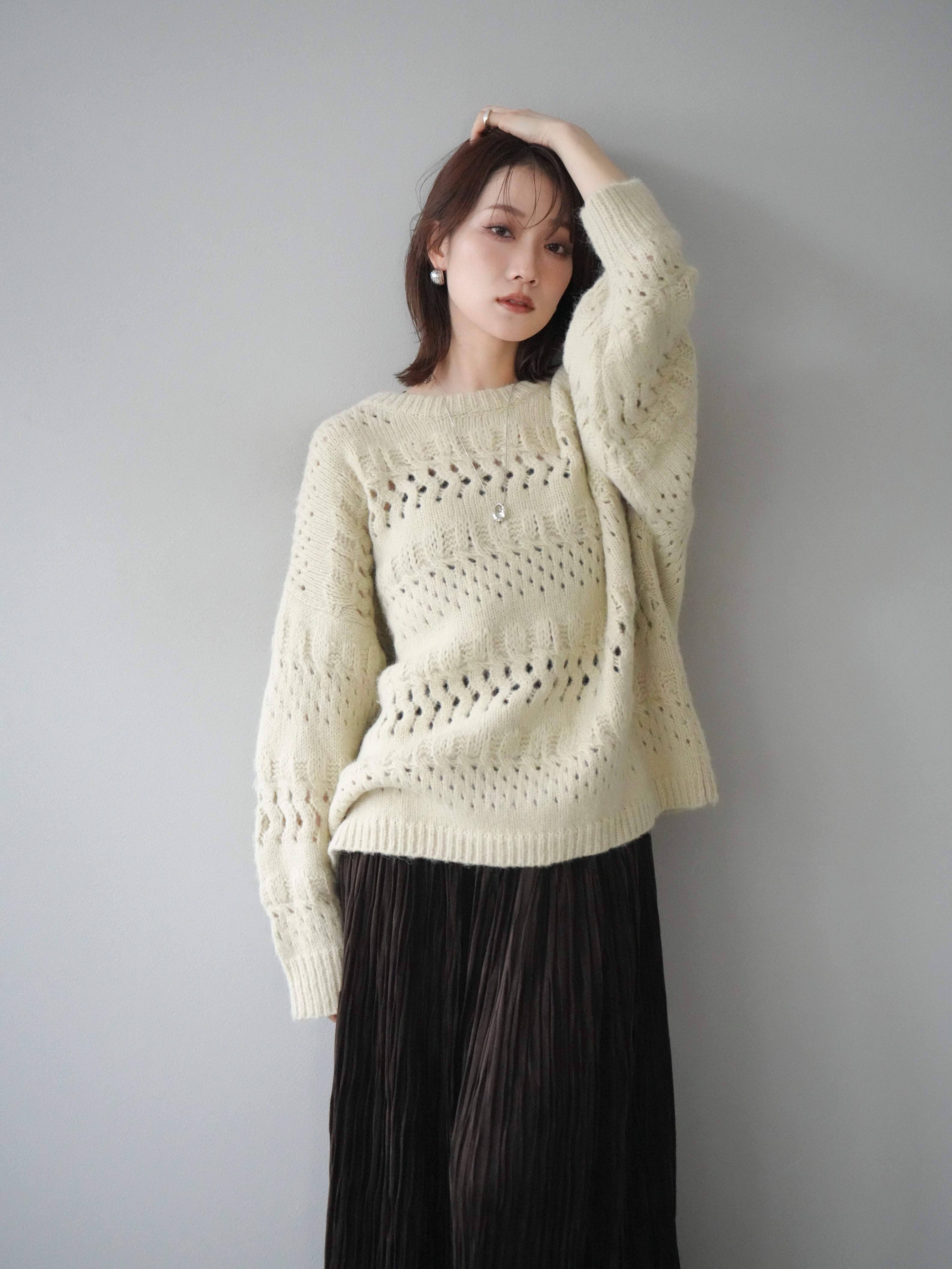 予約]透かし編みクルーネックニットプルオーバー/green – Lumier