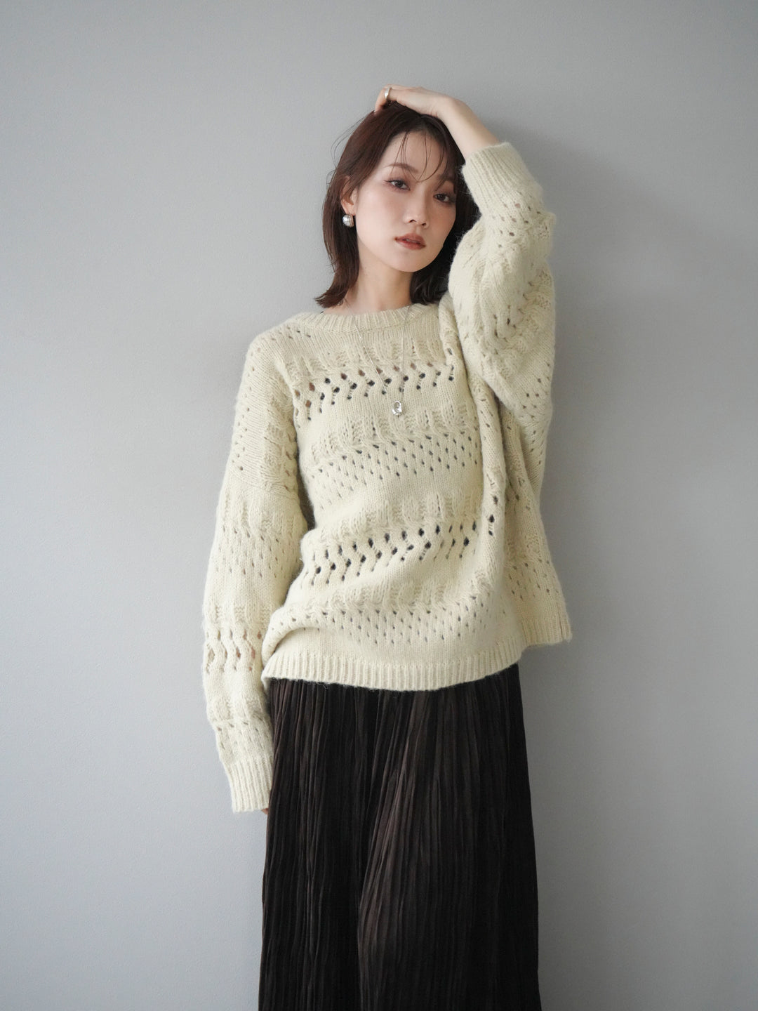 [予約]透かし編みクルーネックニットプルオーバー/green