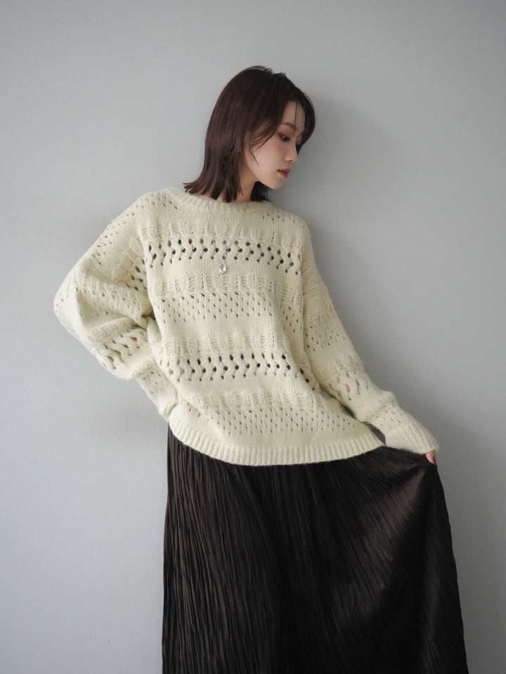 [予約]透かし編みクルーネックニットプルオーバー/green