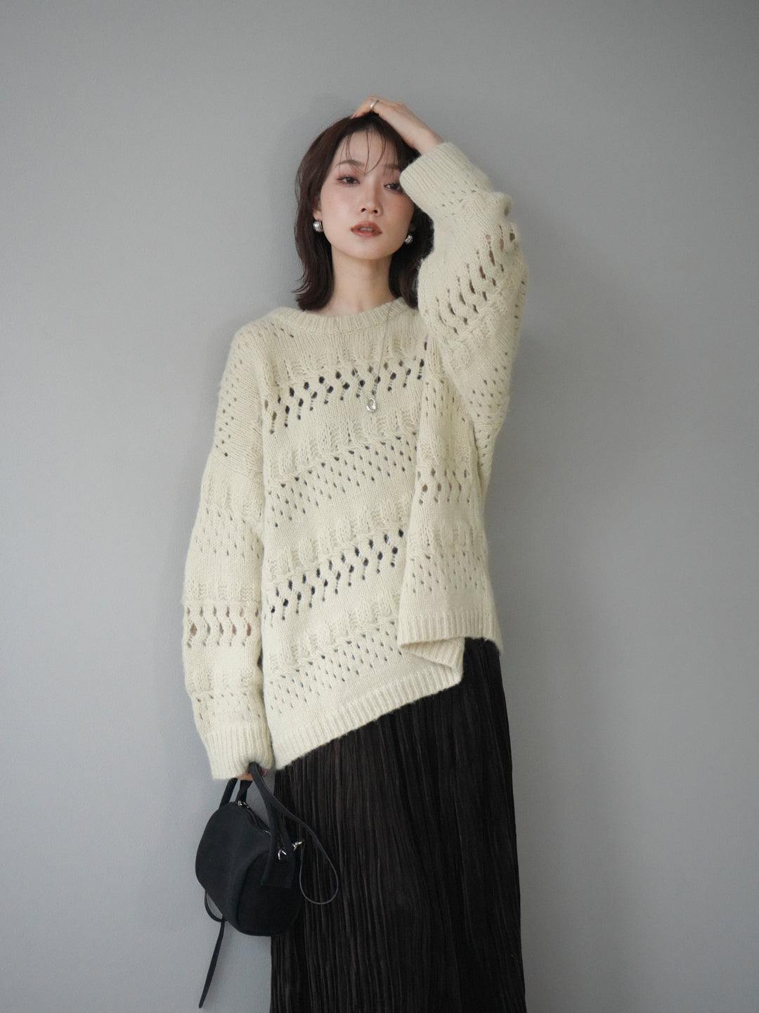 [予約]透かし編みクルーネックニットプルオーバー/green