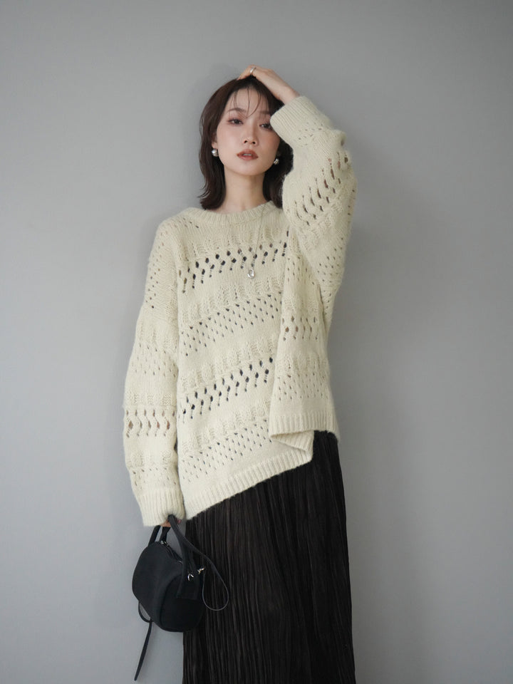[予約]透かし編みクルーネックニットプルオーバー/green