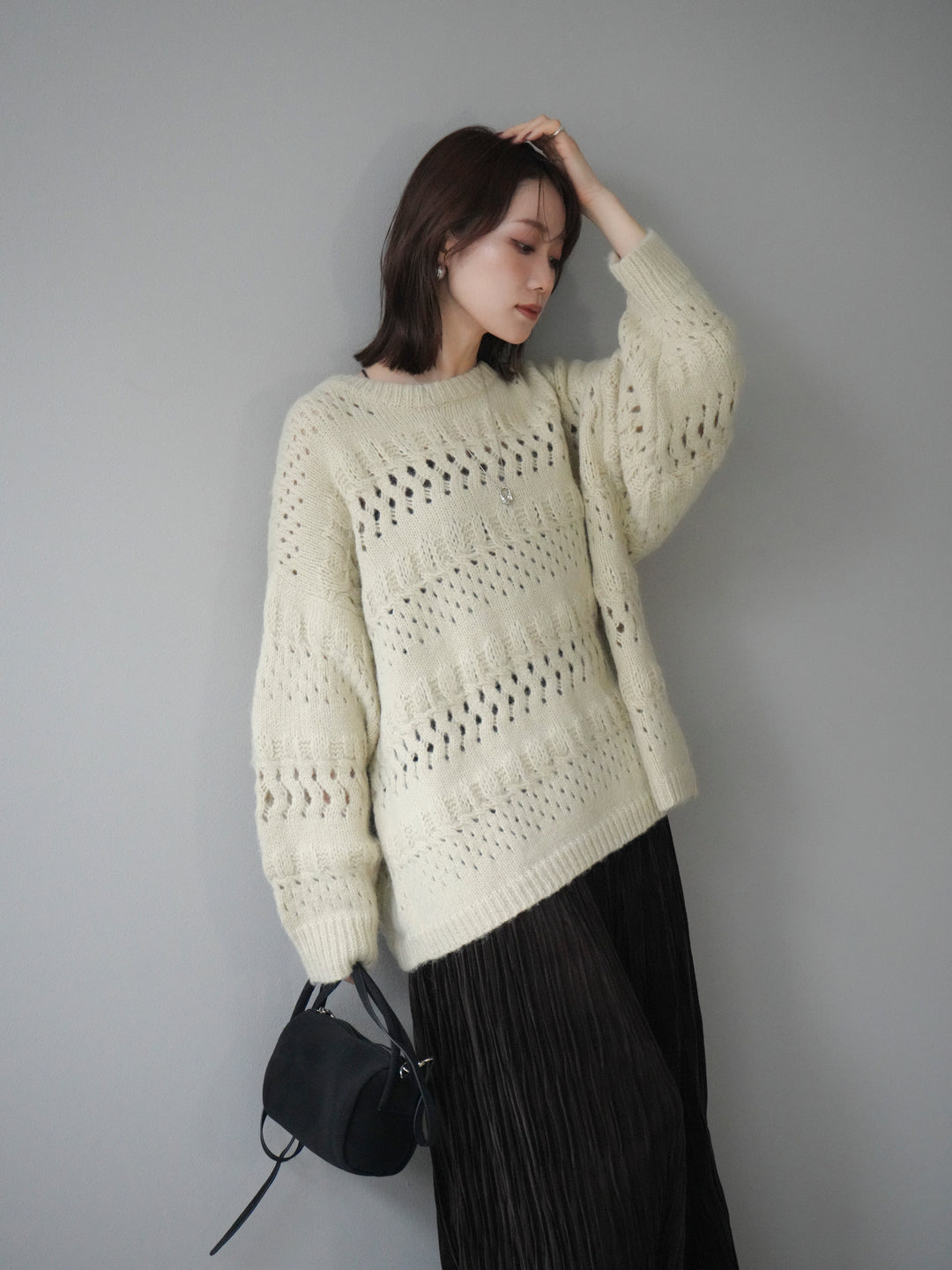 [予約]透かし編みクルーネックニットプルオーバー/green