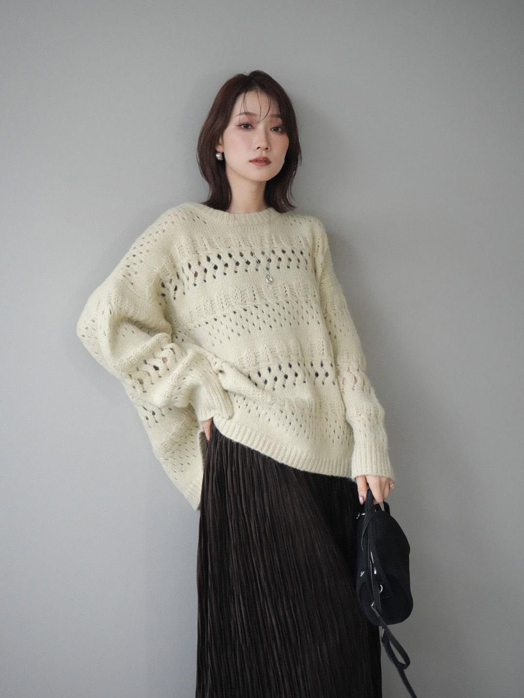 [予約]透かし編みクルーネックニットプルオーバー/green