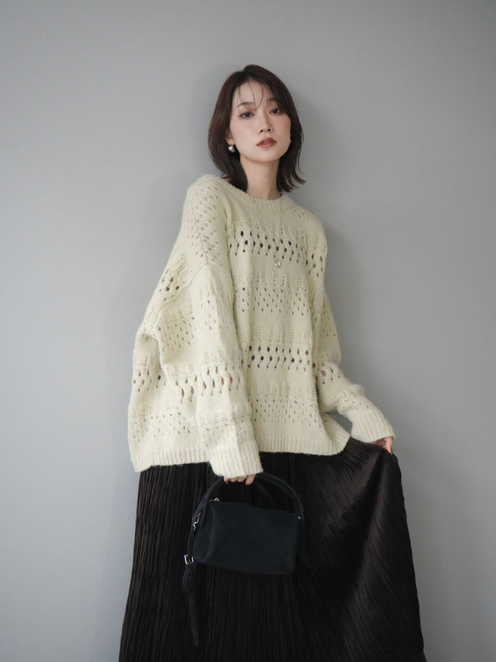 [予約]透かし編みクルーネックニットプルオーバー/green