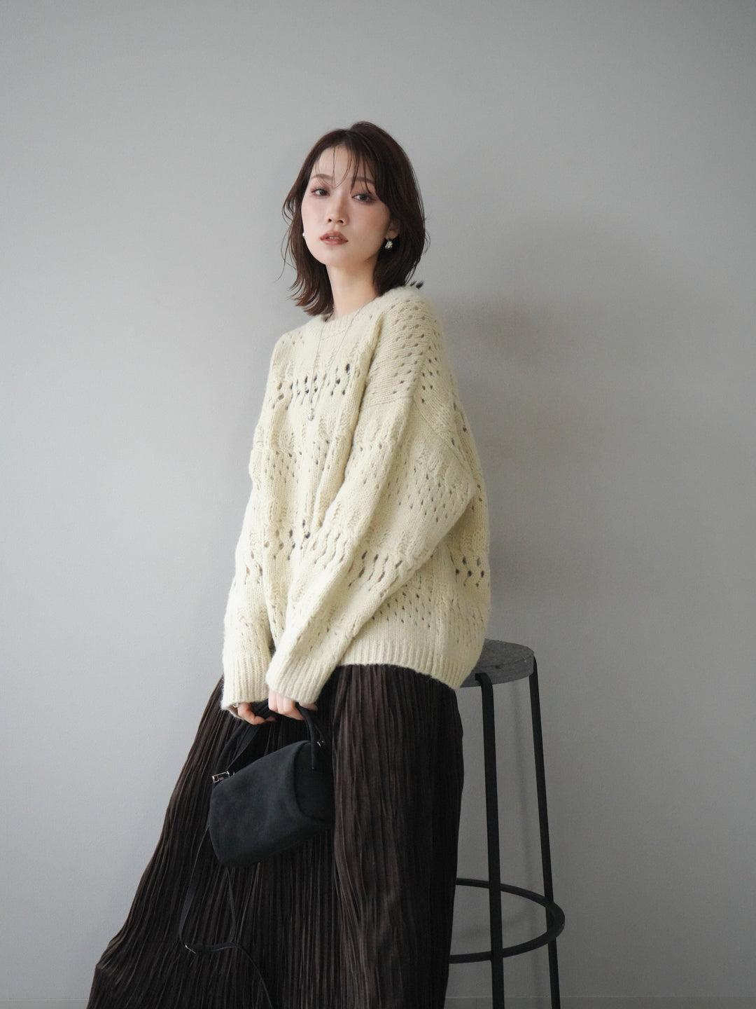 [予約]透かし編みクルーネックニットプルオーバー/green