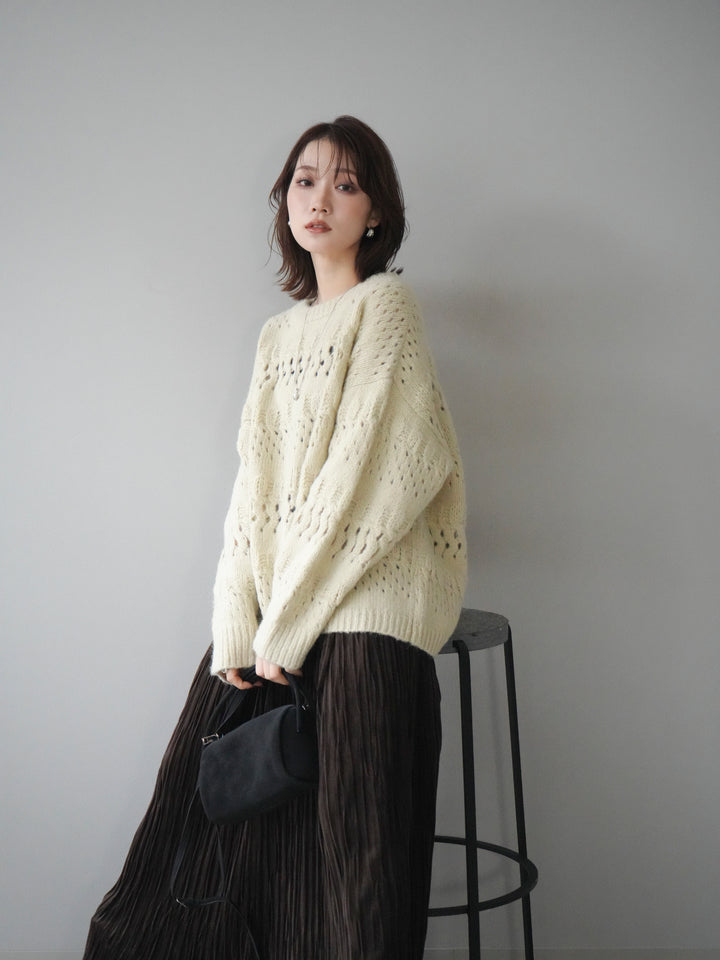 [予約]透かし編みクルーネックニットプルオーバー/green