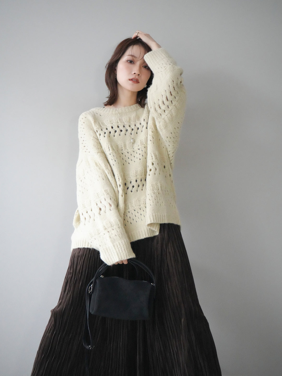 [予約]透かし編みクルーネックニットプルオーバー/green