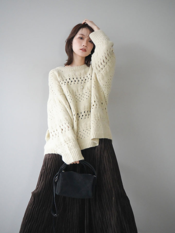 [予約]透かし編みクルーネックニットプルオーバー/green