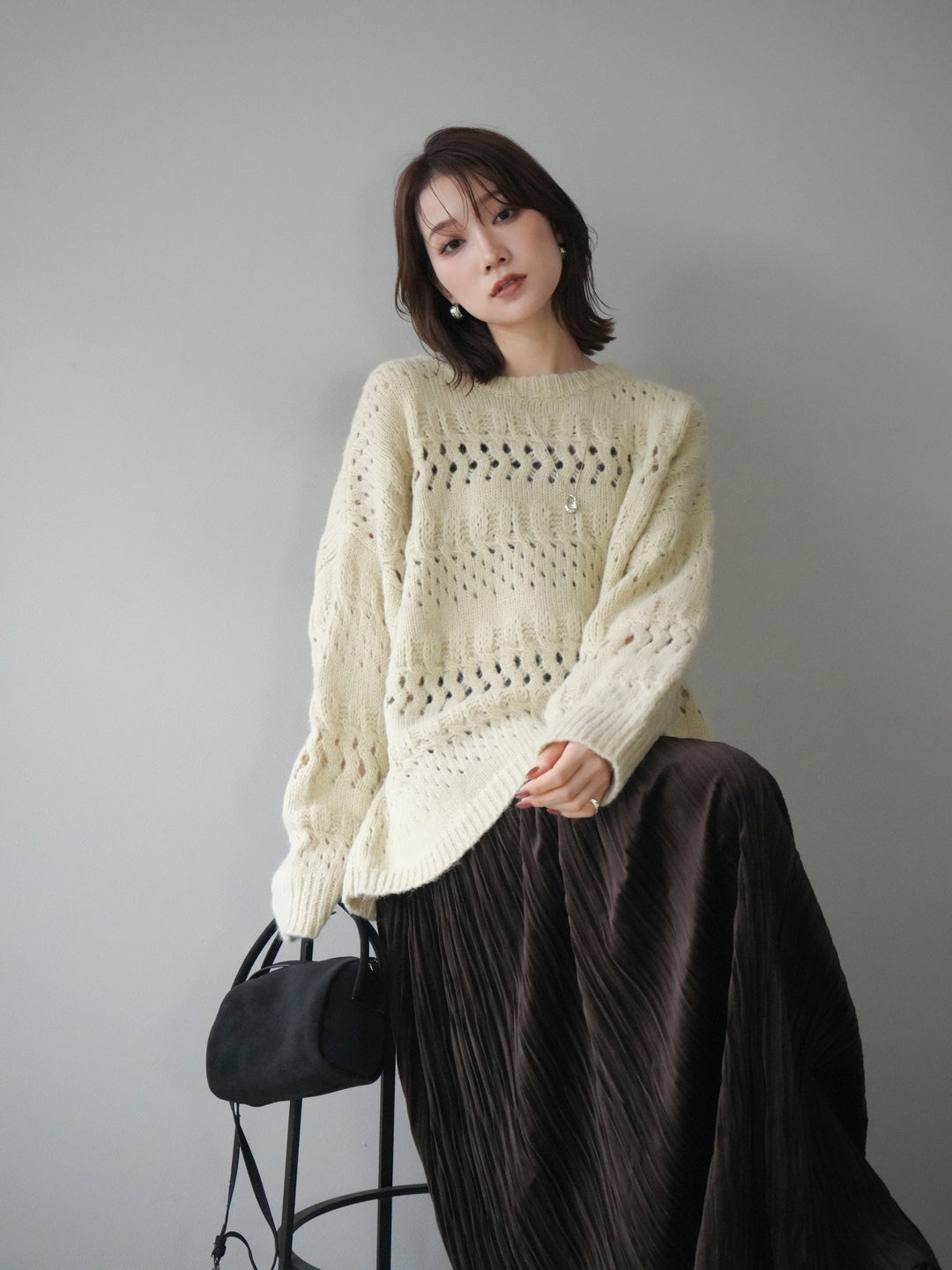 [予約]透かし編みクルーネックニットプルオーバー/green