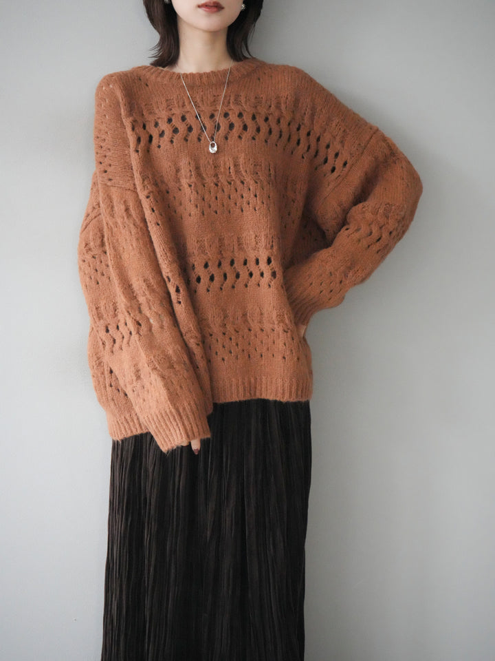 [予約]透かし編みクルーネックニットプルオーバー/brown