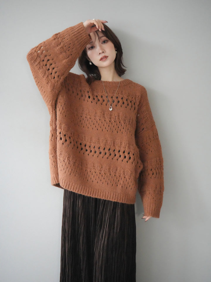 [予約]透かし編みクルーネックニットプルオーバー/brown