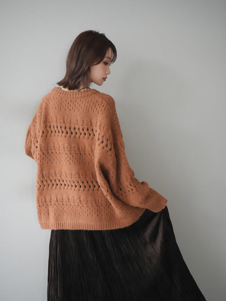 [予約]透かし編みクルーネックニットプルオーバー/brown