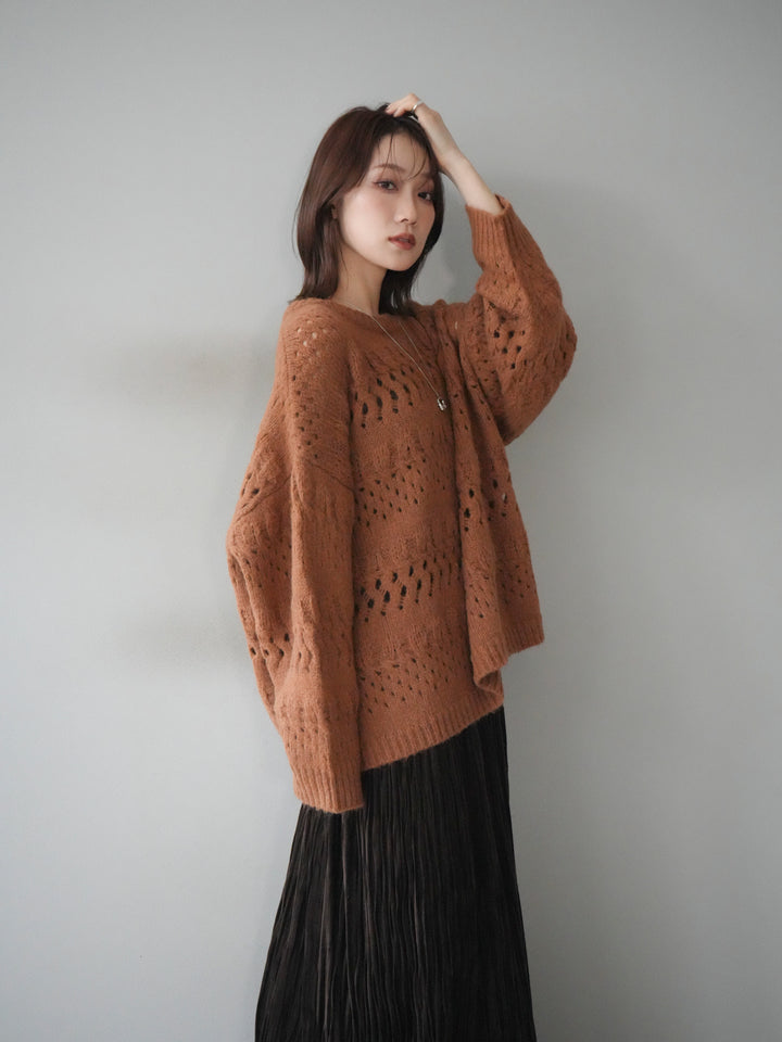 [予約]透かし編みクルーネックニットプルオーバー/brown
