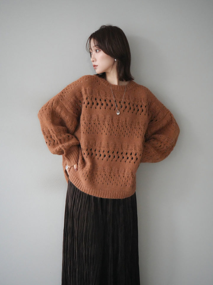 [予約]透かし編みクルーネックニットプルオーバー/brown