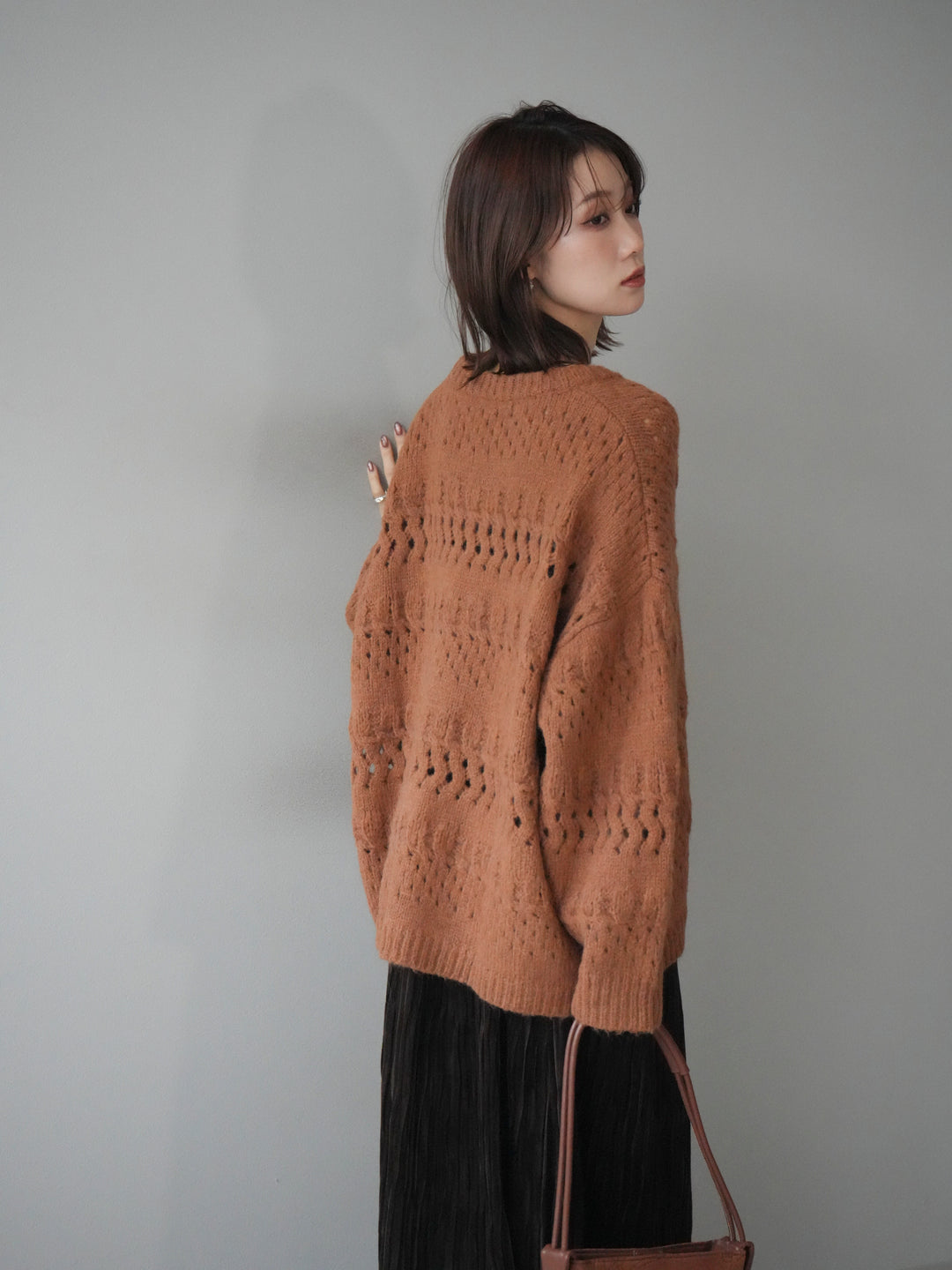 [予約]透かし編みクルーネックニットプルオーバー/brown