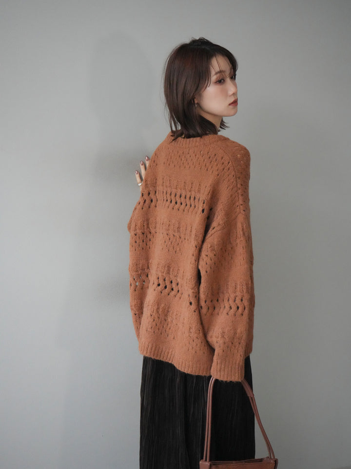 [予約]透かし編みクルーネックニットプルオーバー/brown