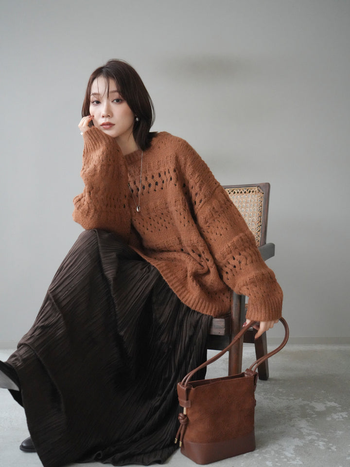 [予約]透かし編みクルーネックニットプルオーバー/brown