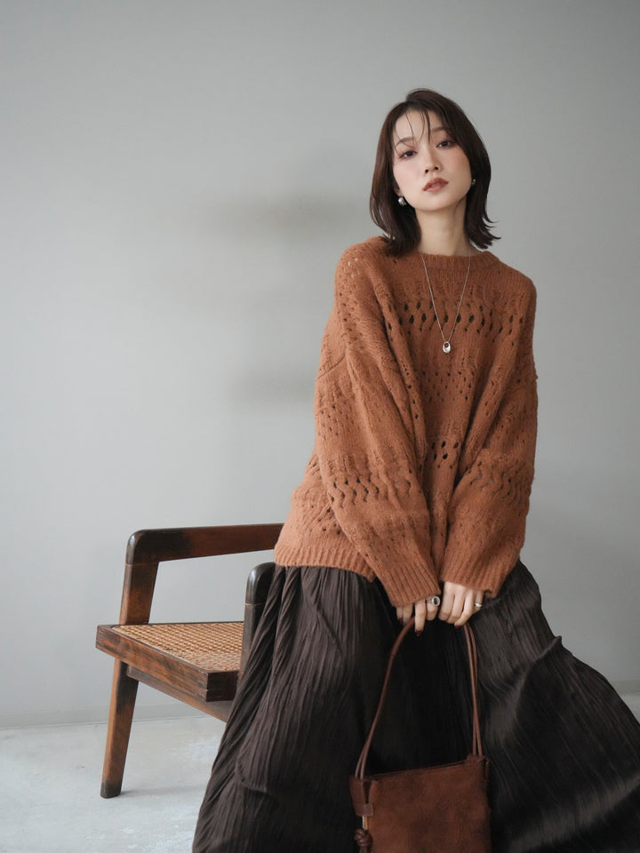 [予約]透かし編みクルーネックニットプルオーバー/brown