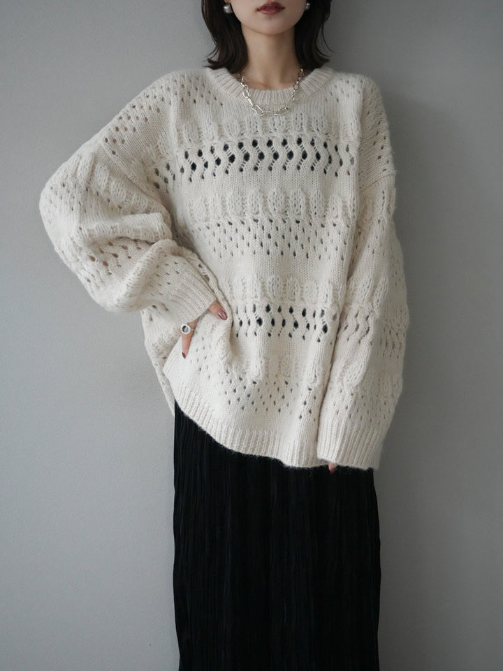 [予約]透かし編みクルーネックニットプルオーバー/ivory