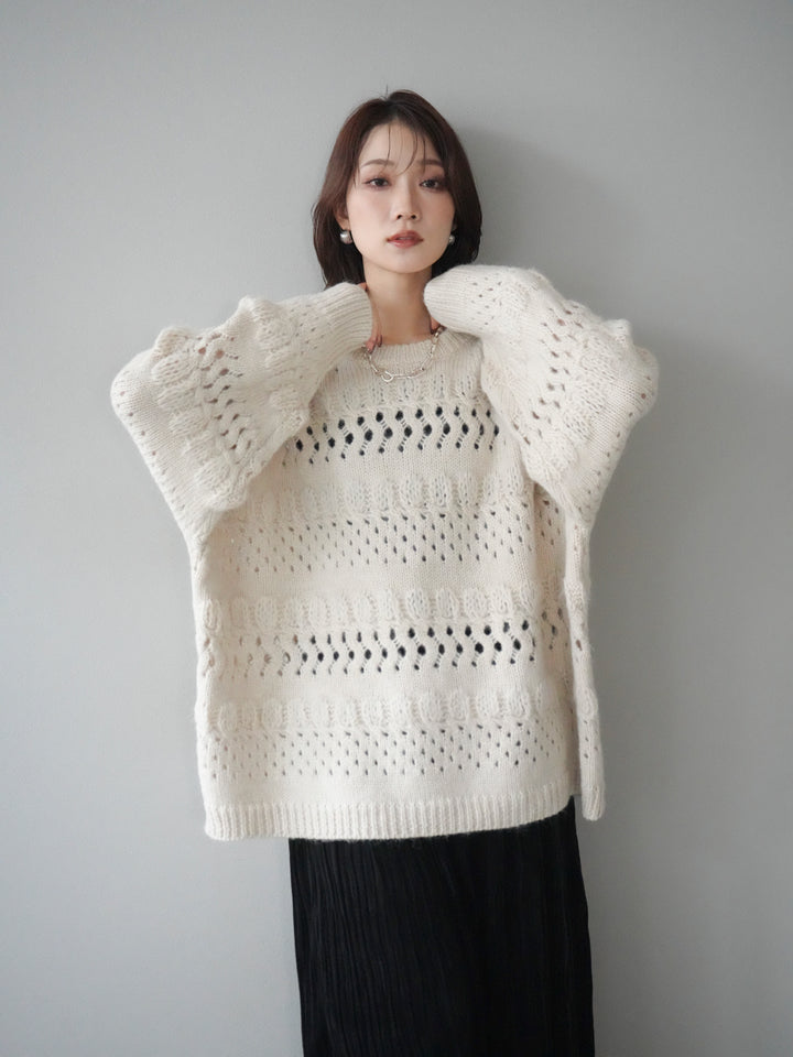 [予約]透かし編みクルーネックニットプルオーバー/ivory