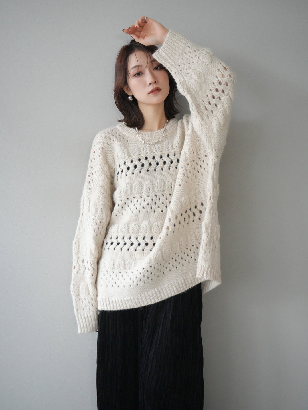 [予約]透かし編みクルーネックニットプルオーバー/ivory