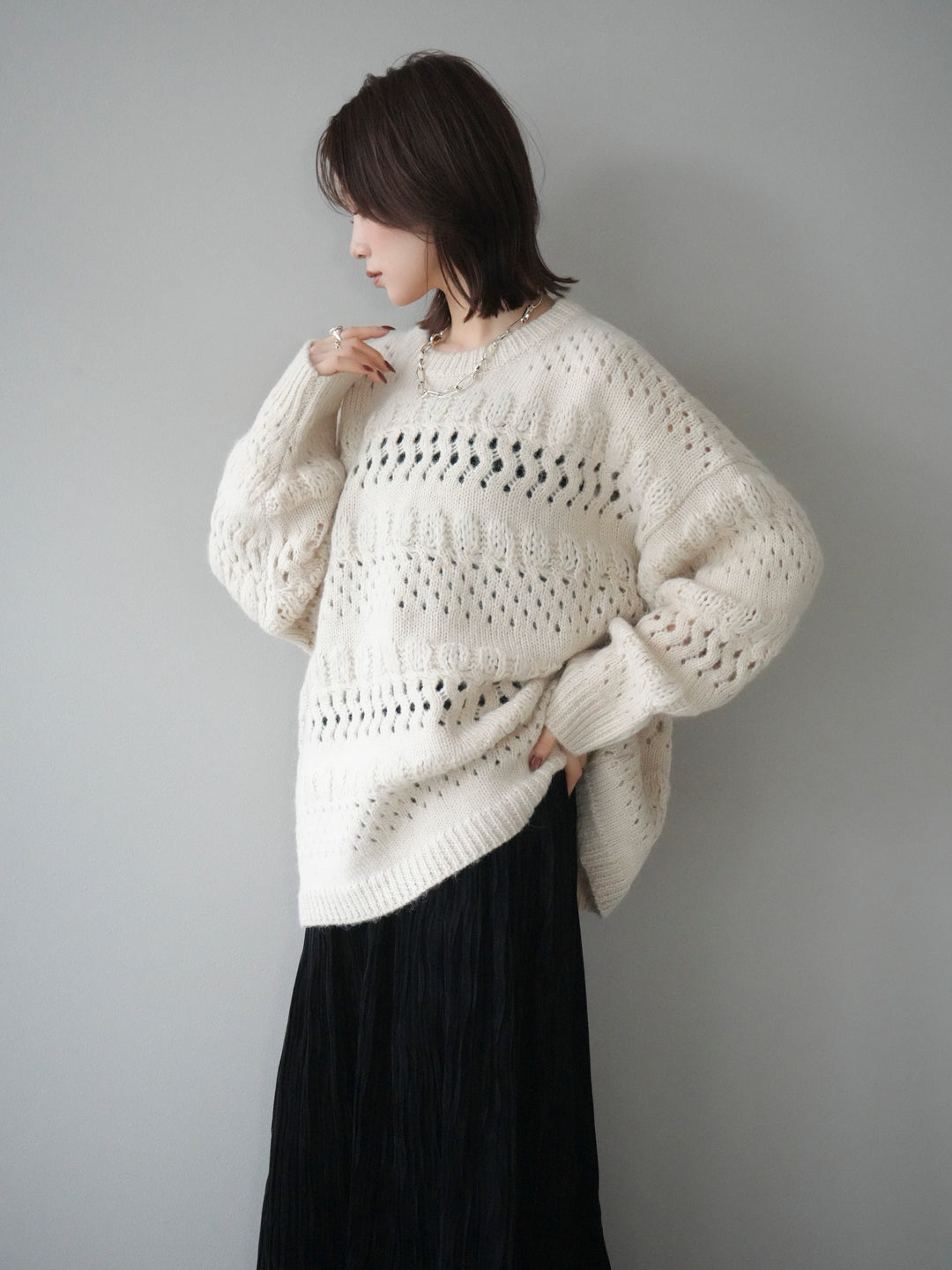 [予約]透かし編みクルーネックニットプルオーバー/ivory