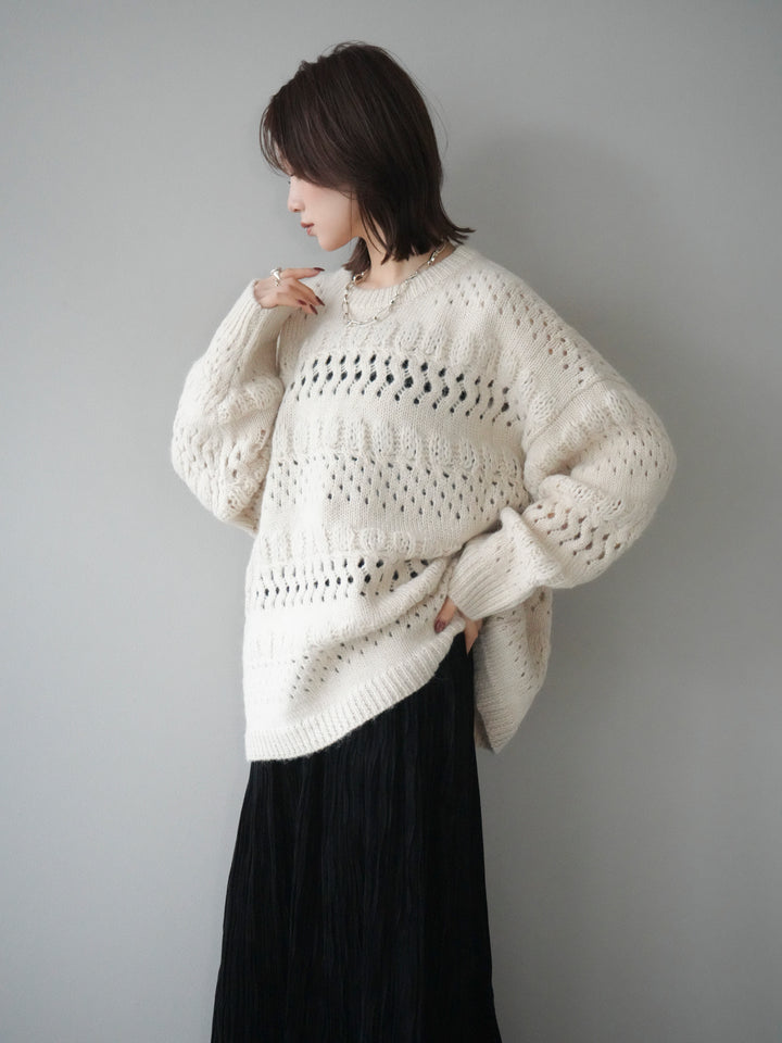 [予約]透かし編みクルーネックニットプルオーバー/ivory