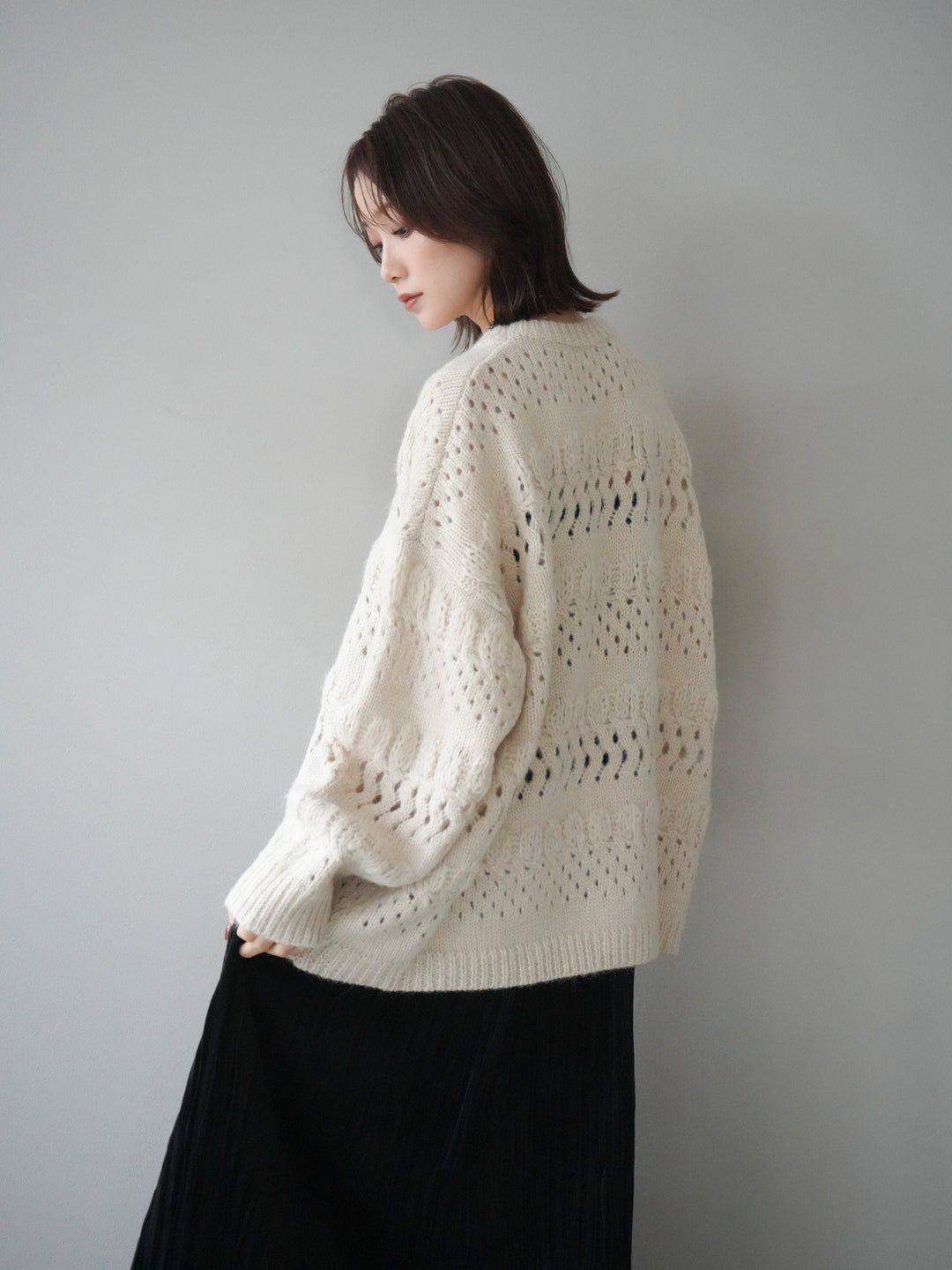 [予約]透かし編みクルーネックニットプルオーバー/ivory