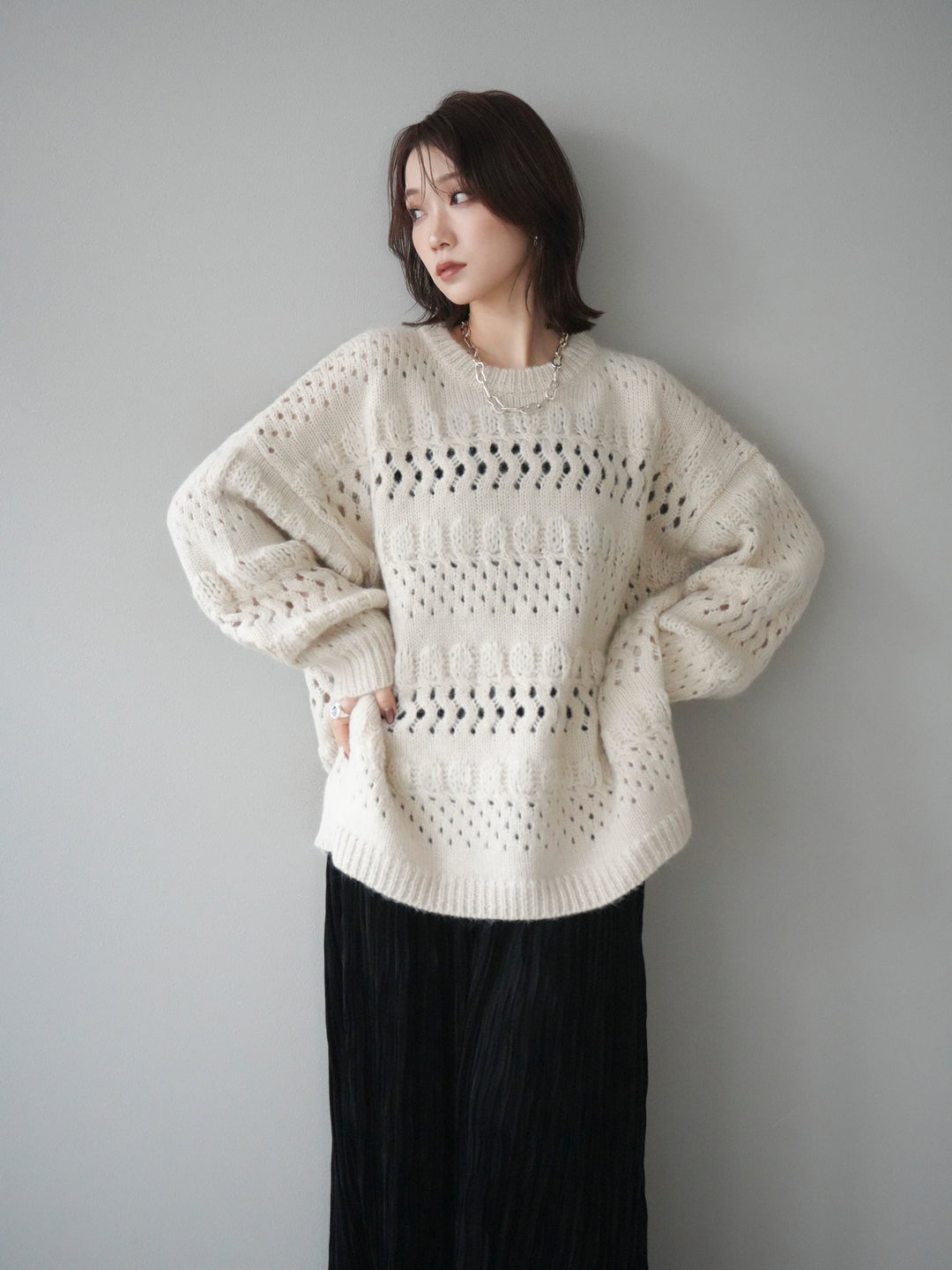 [予約]透かし編みクルーネックニットプルオーバー/ivory