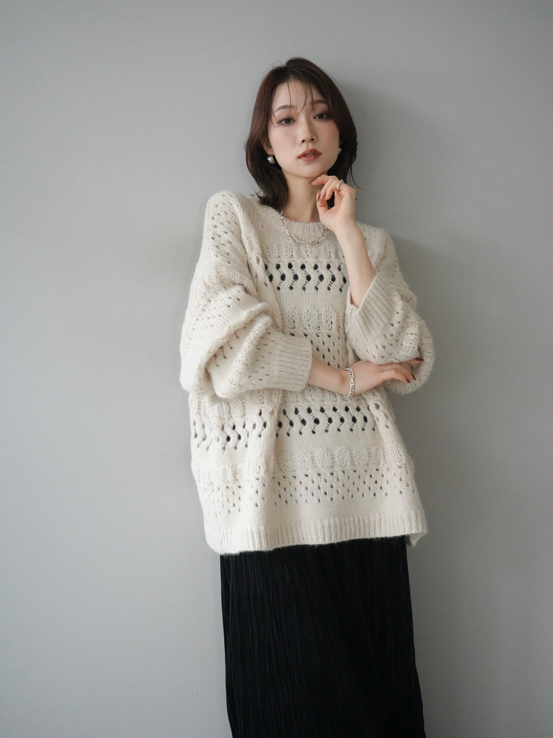 [予約]透かし編みクルーネックニットプルオーバー/ivory