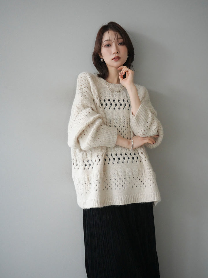 [予約]透かし編みクルーネックニットプルオーバー/ivory