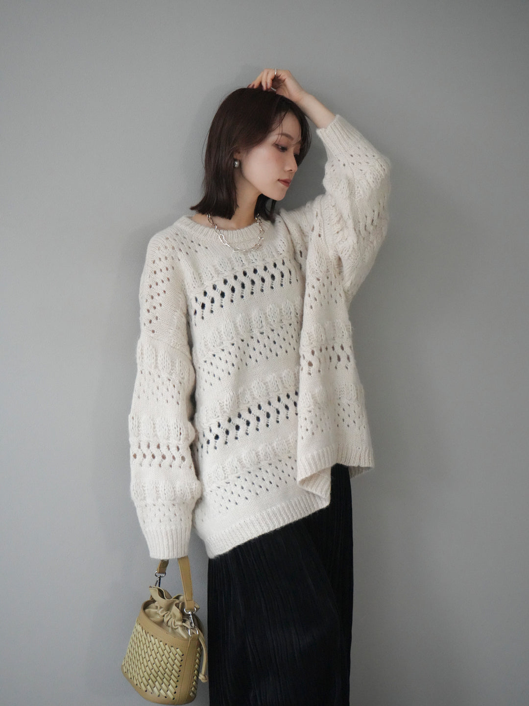 [予約]透かし編みクルーネックニットプルオーバー/ivory