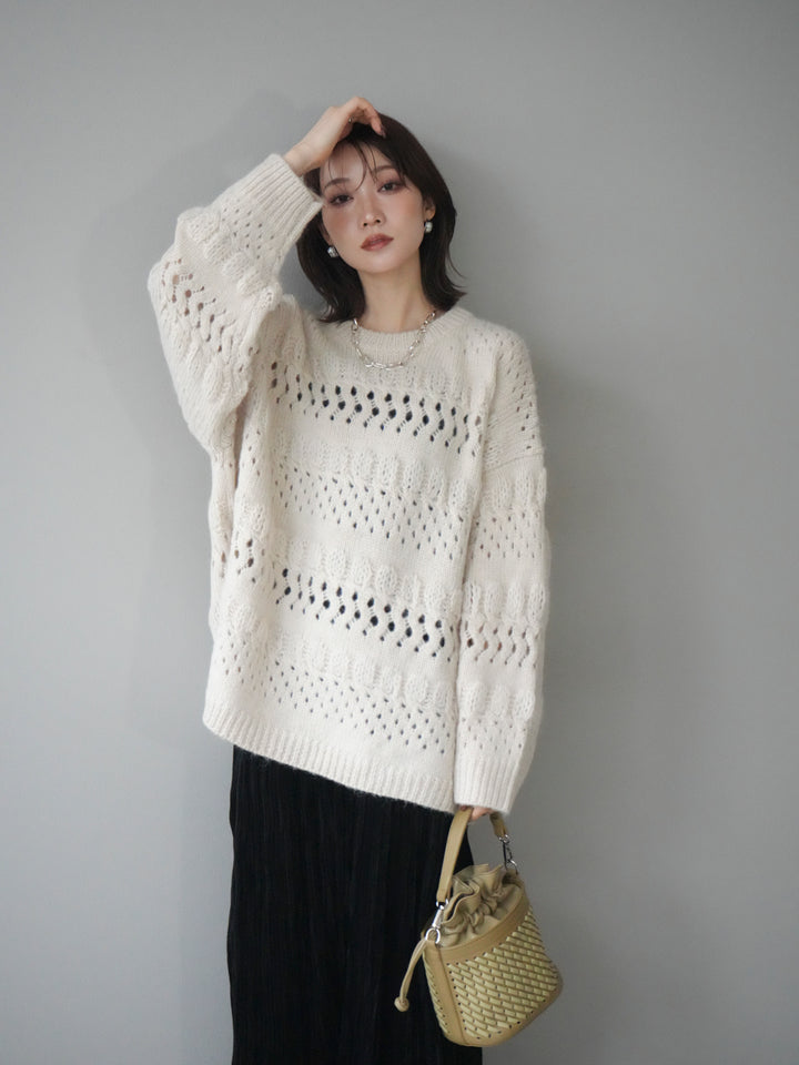 [予約]透かし編みクルーネックニットプルオーバー/ivory