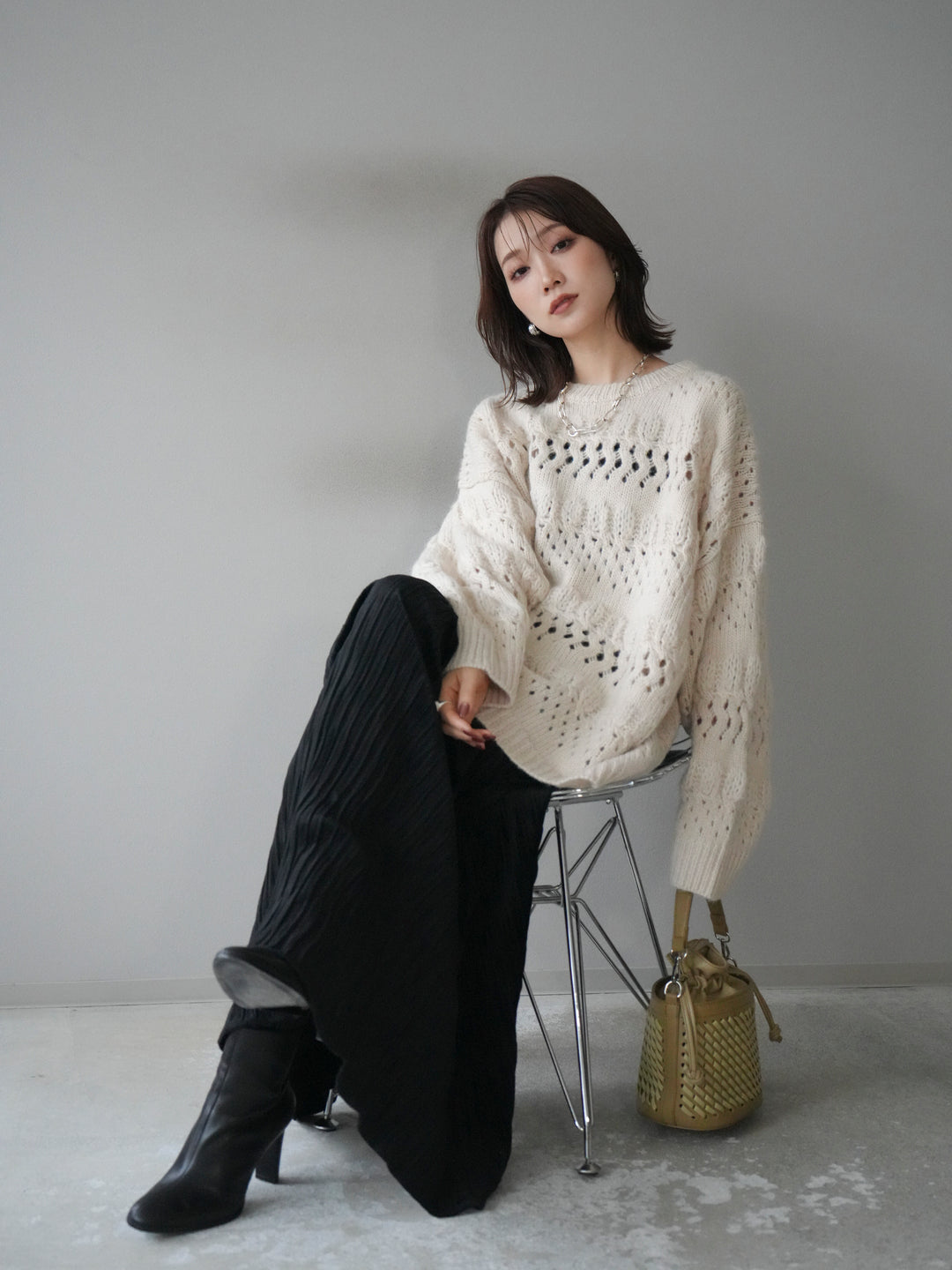[予約]透かし編みクルーネックニットプルオーバー/ivory