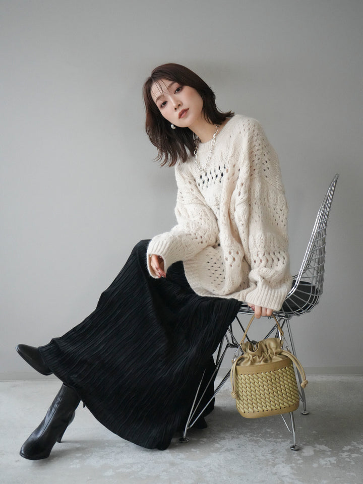[予約]透かし編みクルーネックニットプルオーバー/ivory