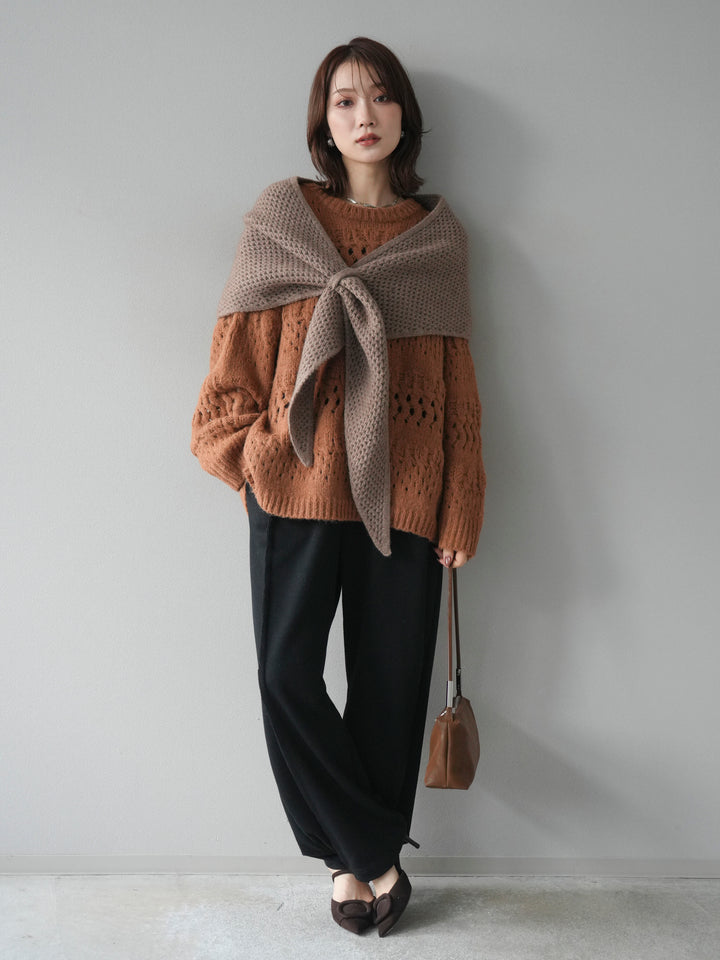 [予約]透かし編みクルーネックニットプルオーバー/brown