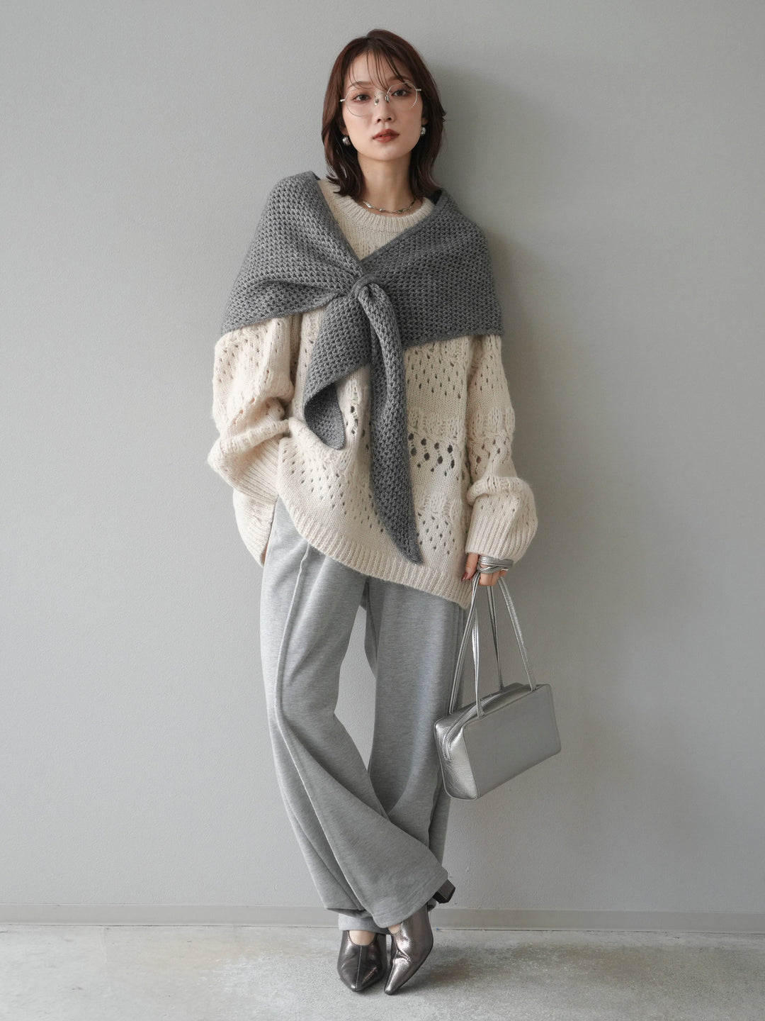 [予約]透かし編みクルーネックニットプルオーバー/ivory