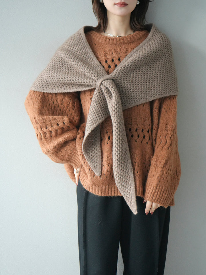 [予約]透かし編みクルーネックニットプルオーバー/brown