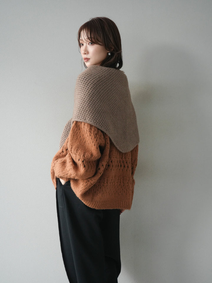 [予約]透かし編みクルーネックニットプルオーバー/brown