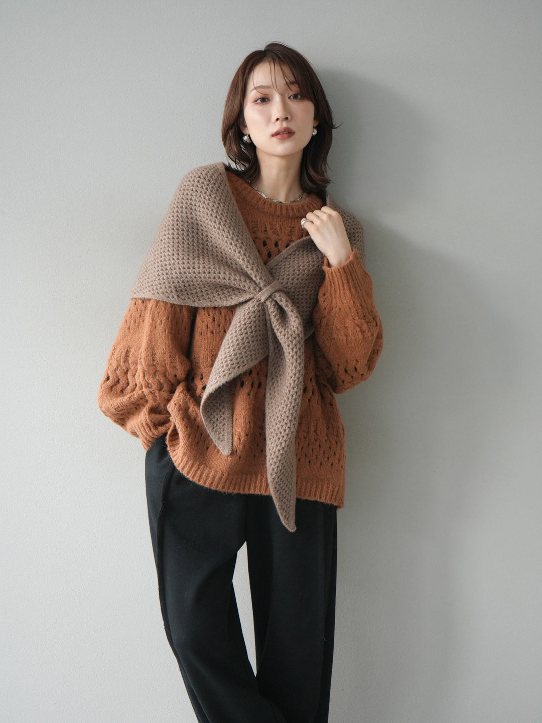 [予約]透かし編みクルーネックニットプルオーバー/brown